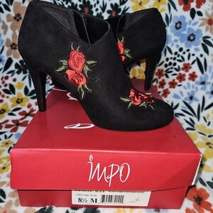 Impo Black Heeled Boots with Red Floral Embroidery